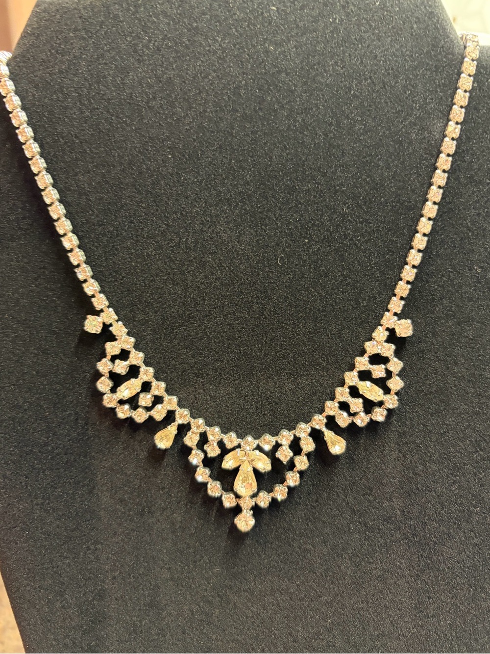 Vintage WEISS Rhinestone Necklace: Clear & Champagne Pear Stones, Festoon Design